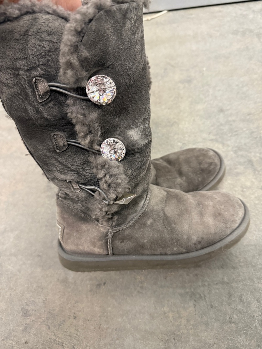 UGG Grey Suede Shearling Button Mid-Calf Boots - Picture 3 of 5